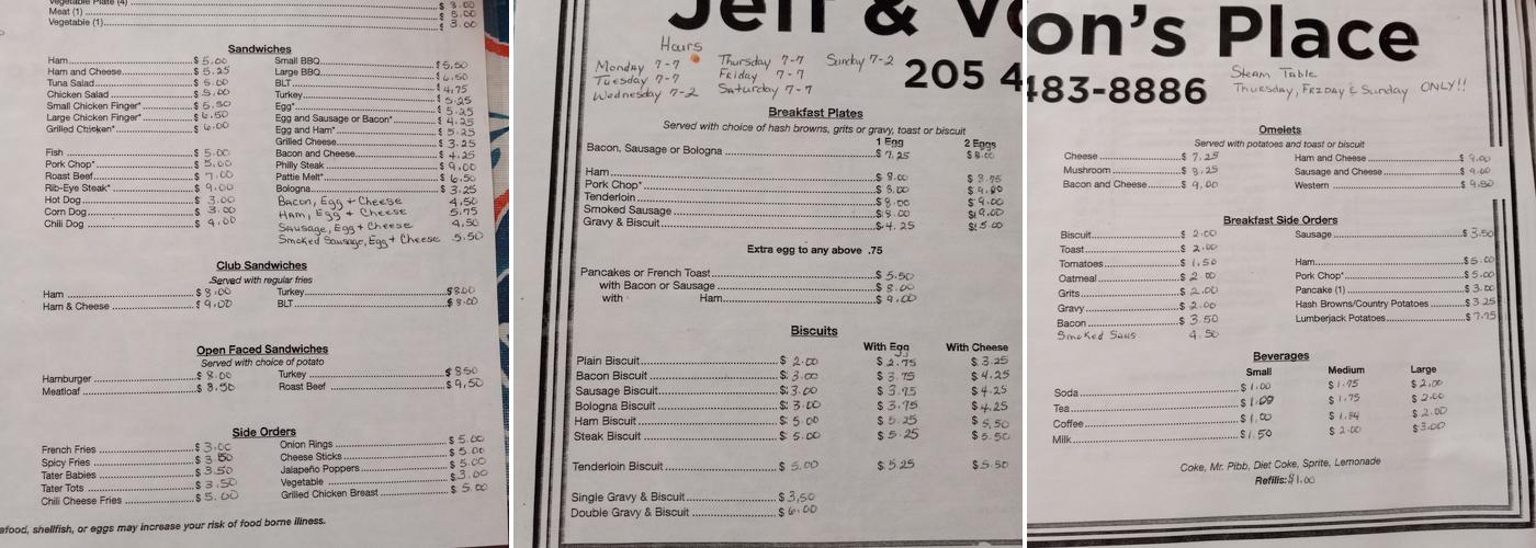 Jeff & Von's Place Menu