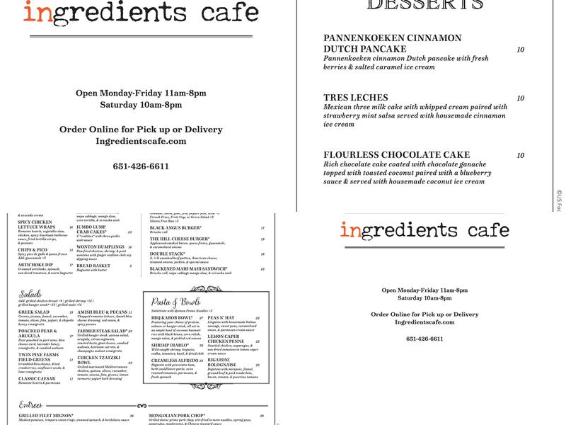 Ingredients Cafe Menu