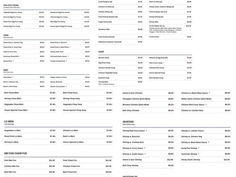Kam Wah Chinese Restaurant Menu