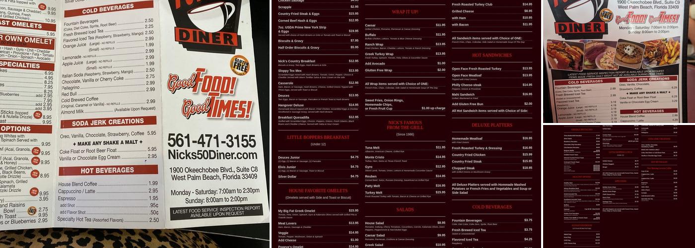 Nick's 50'S Diner Menu