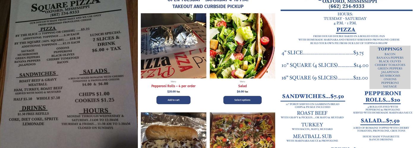 Square Pizza Menu