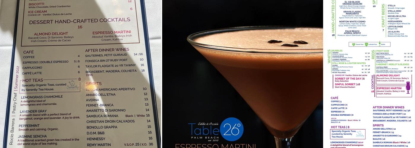 Table 26 Palm Beach Menu