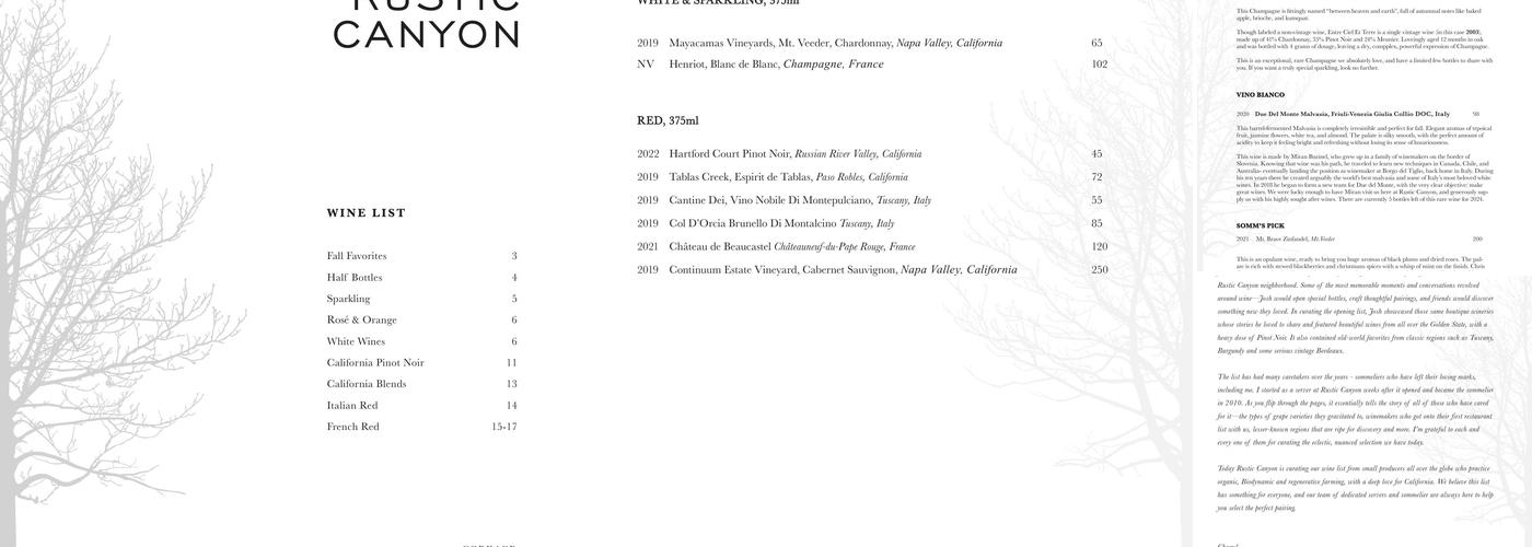 Rustic Canyon Menu