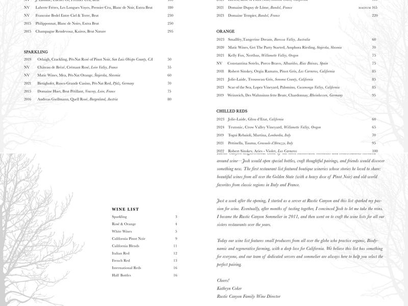 Rustic Canyon Menu