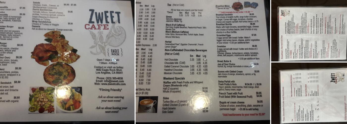 Zweet Cafe Menu