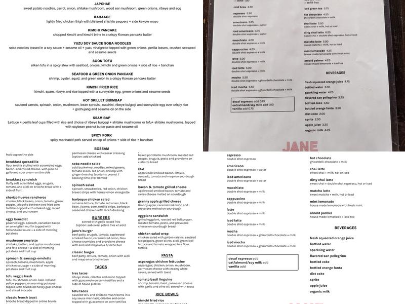 Cafe Jane Menu