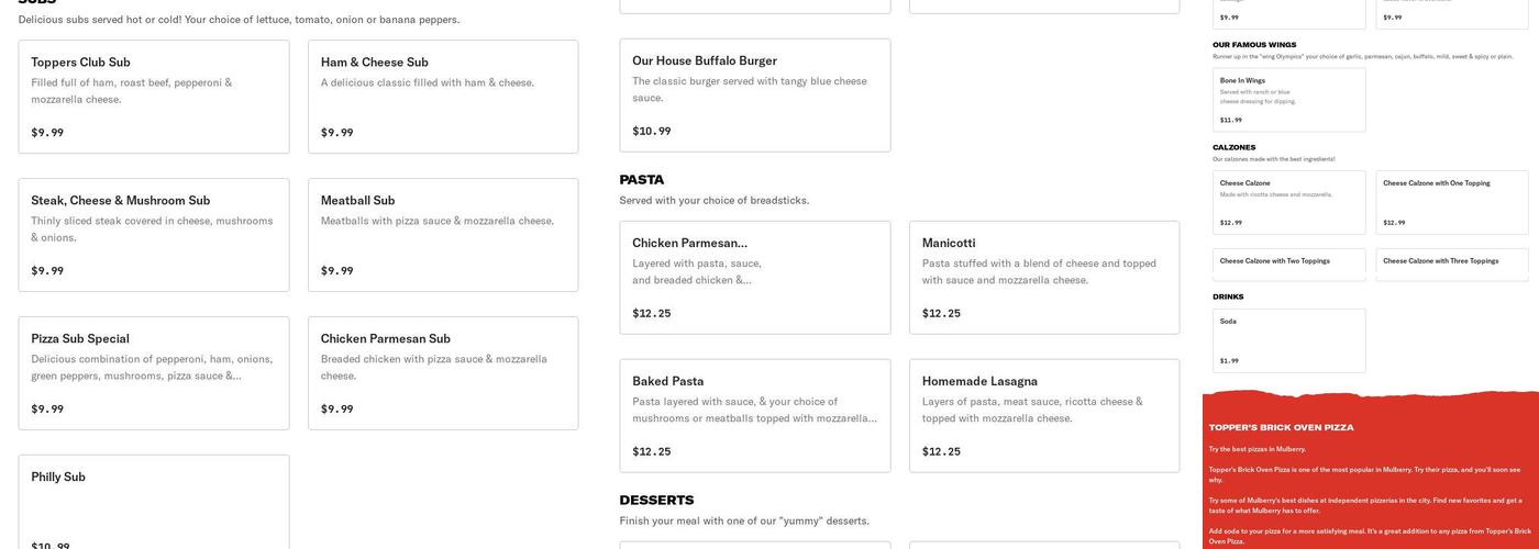 Topper's Brick Oven Pizza Menu