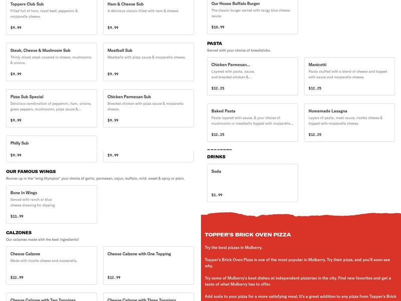 Topper's Brick Oven Pizza Menu