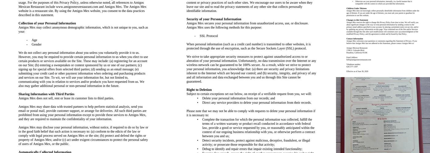 Amigo's Restaurant and Cantina Menu