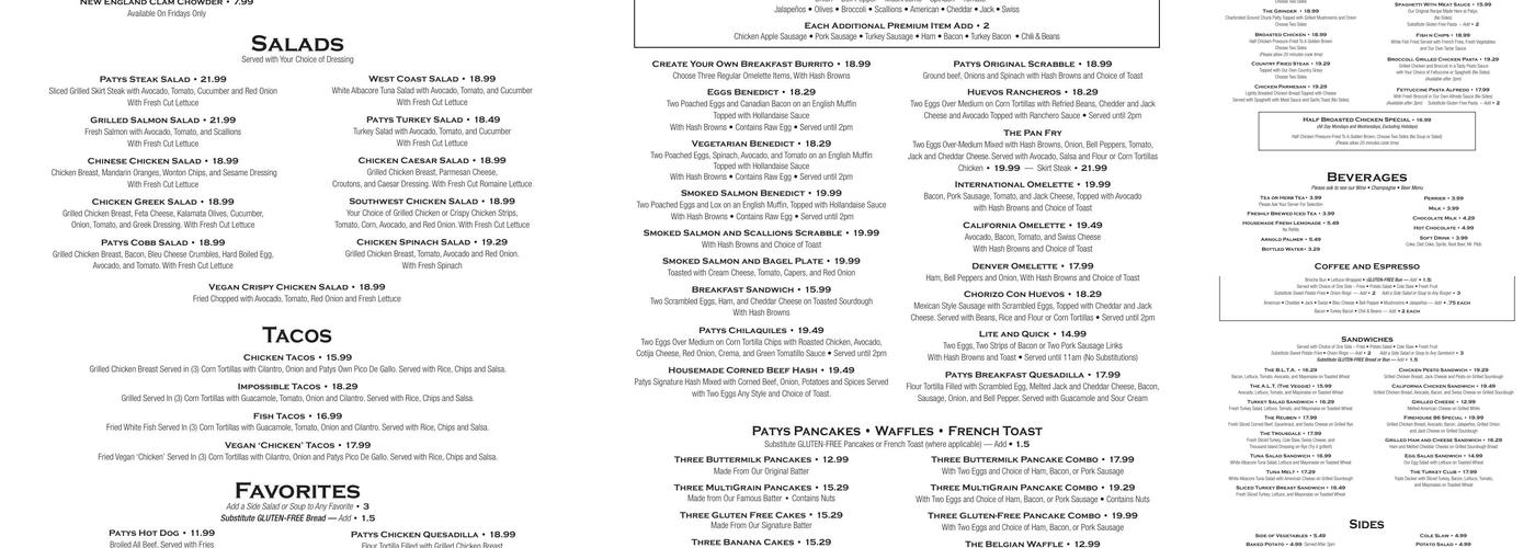 Patys Restaurant Menu