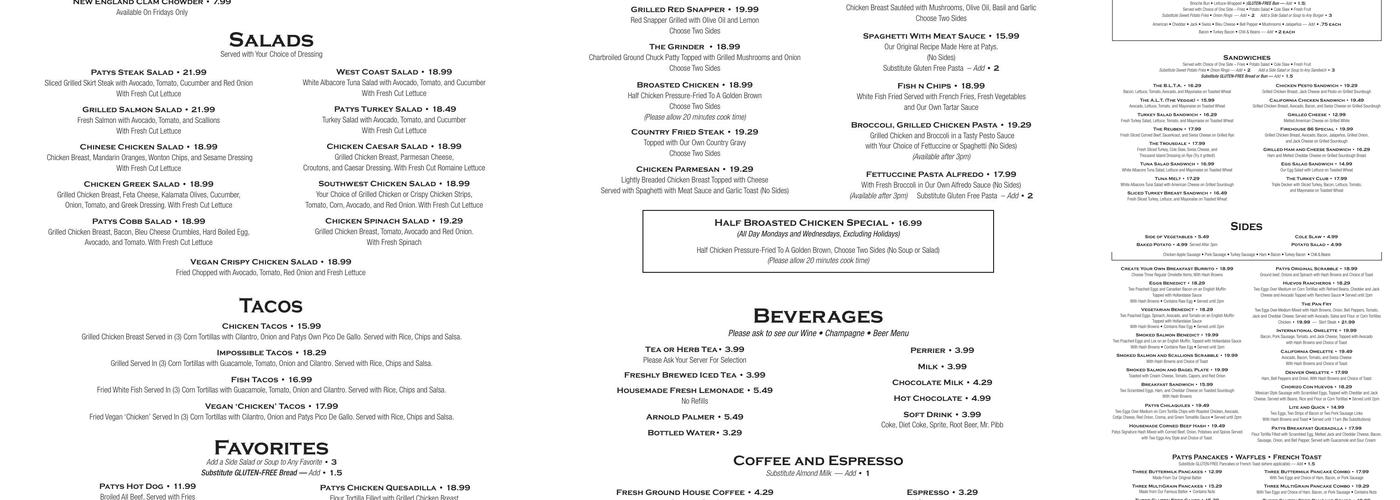 Patys Restaurant Menu