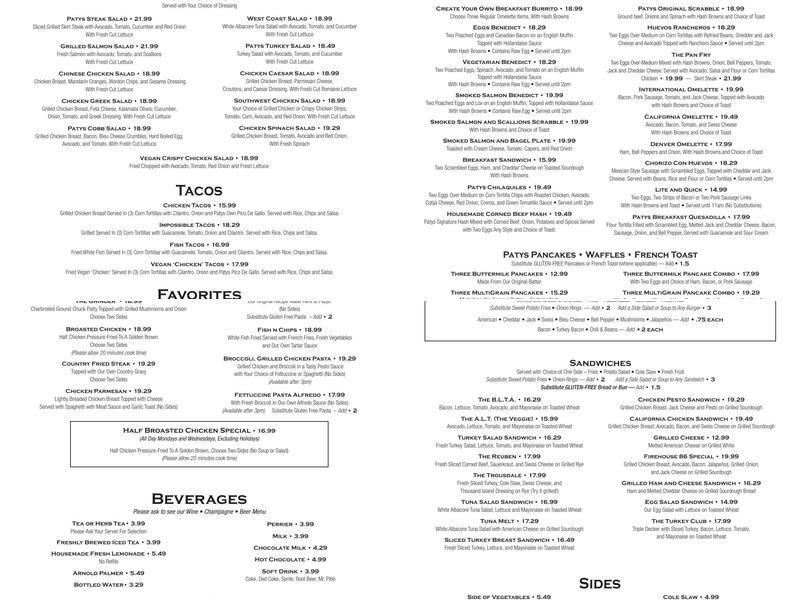 Patys Restaurant Menu