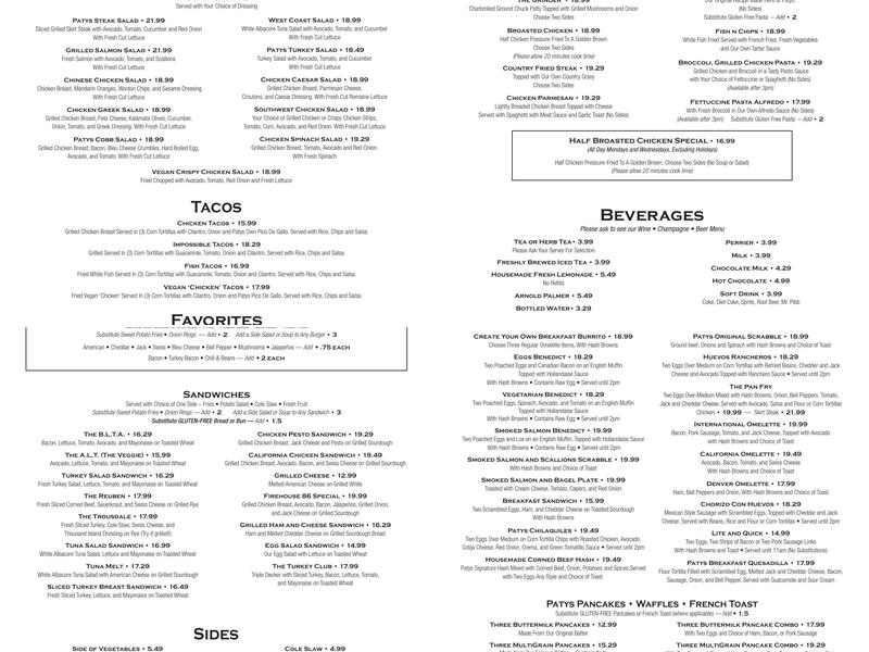 Patys Restaurant Menu