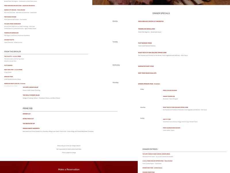 Taylor's Steak House Menu