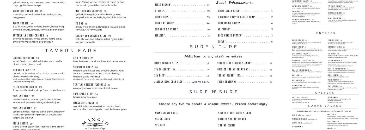 Max410 at The Waters Edge Menu