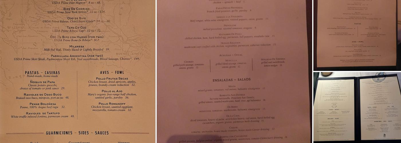 Carlitos Gardel Argentine Steakhouse Menu