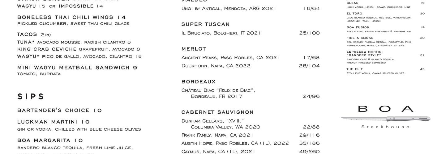 BOA Steakhouse Menu