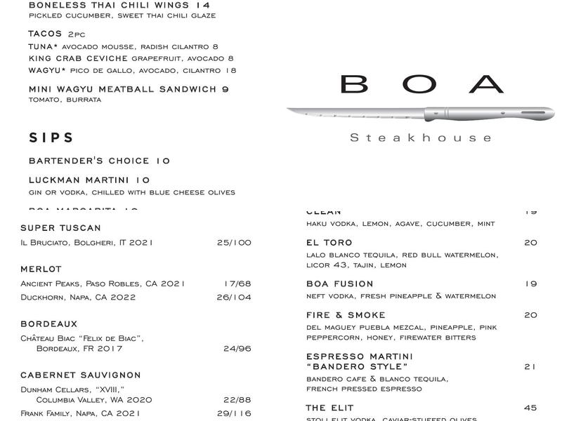 BOA Steakhouse Menu