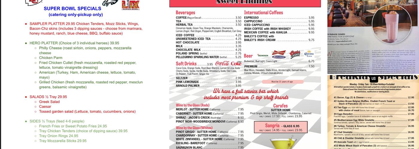 On Parade Diner Menu