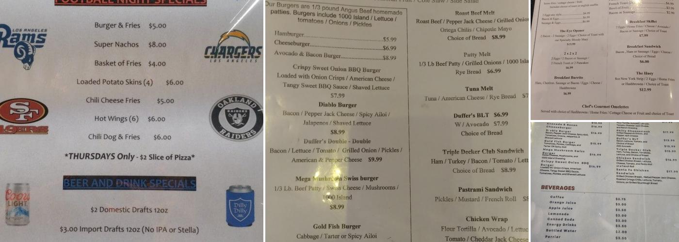 Duffer's Bar & Grill Menu