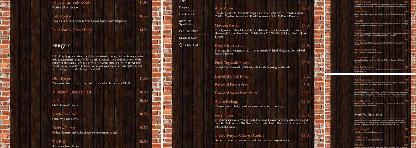 OB's Pub & Grill Menu