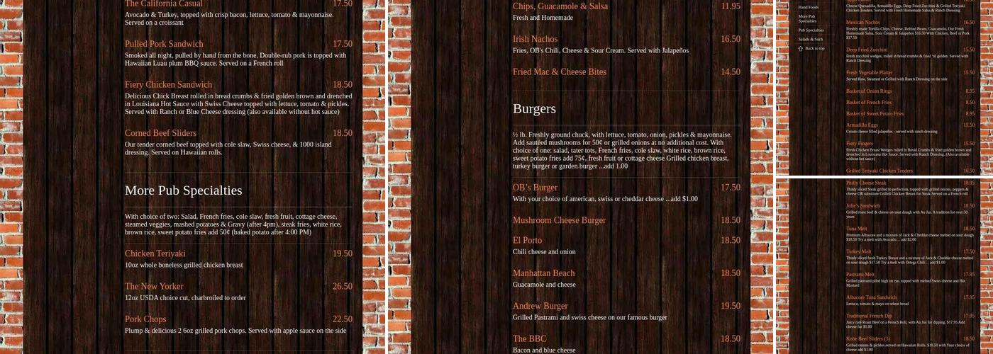 OB's Pub & Grill Menu