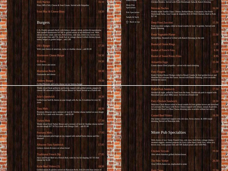 OB's Pub & Grill Menu