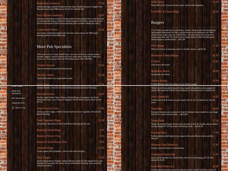 OB's Pub & Grill Menu