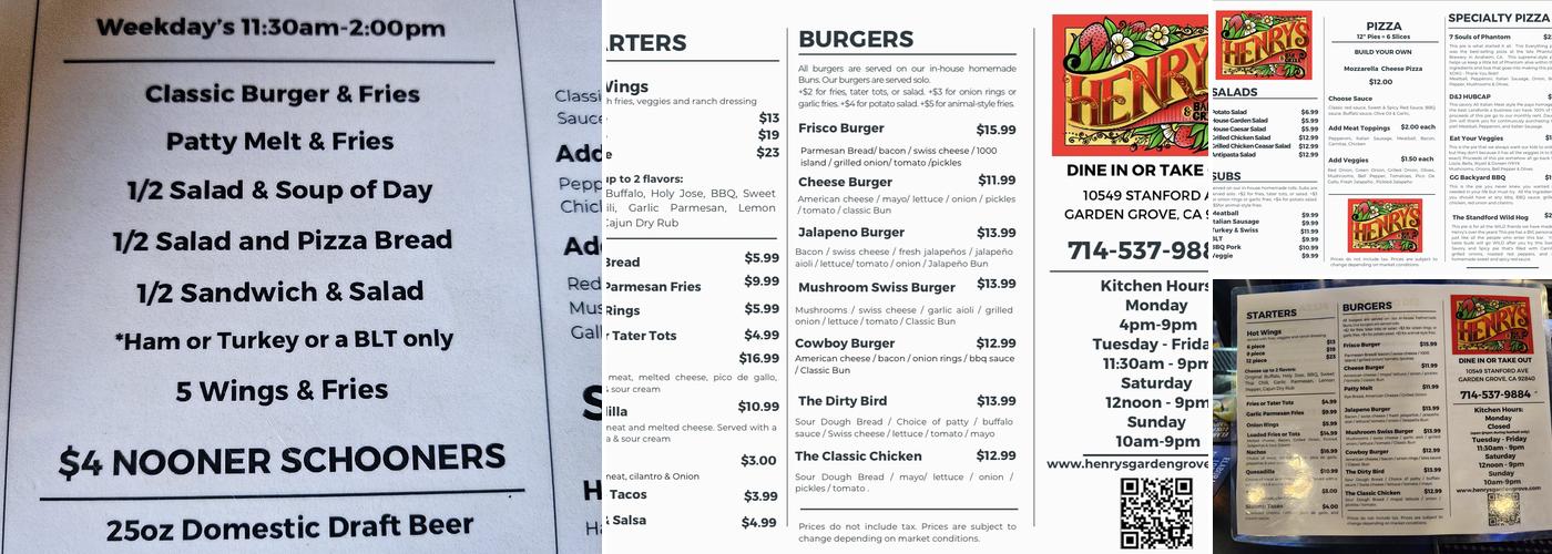 Henry's Bar and Grill Menu