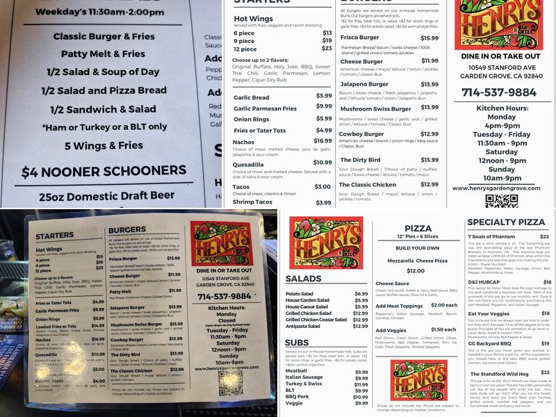 Henry's Bar and Grill Menu
