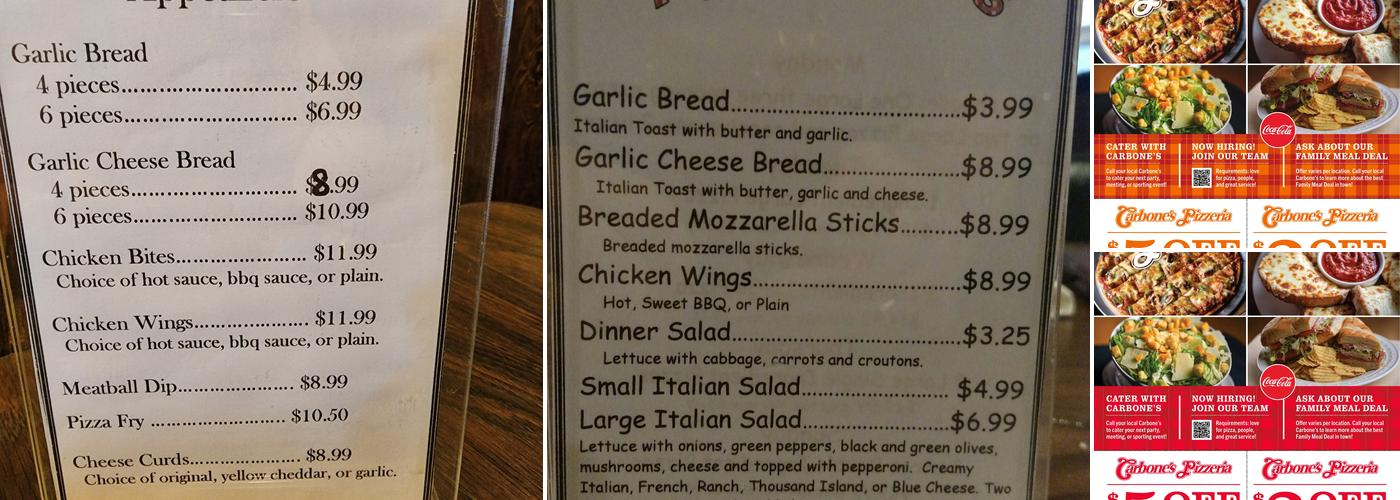 Carbone's Pizzeria Menu