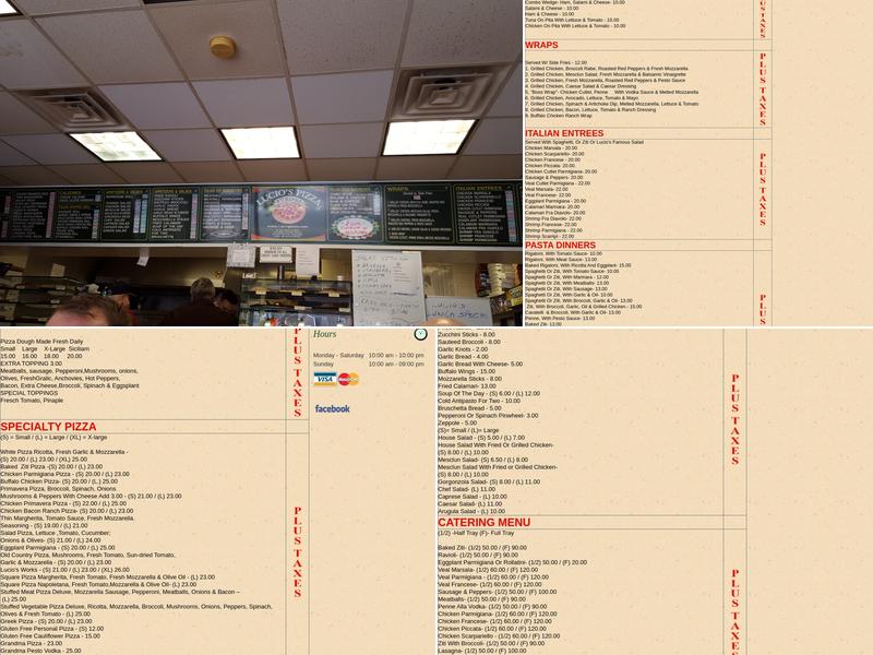 Lucio's Pizzeria Menu