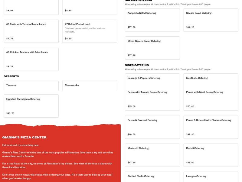 Gianna's Pizza Center Menu