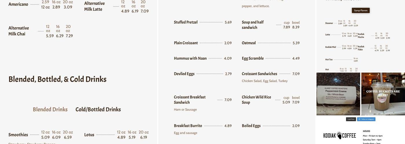 Kodiak Coffee Menu