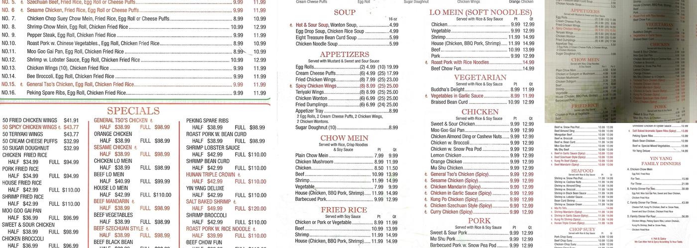 Yin Yang Chinese Restaurant Menu