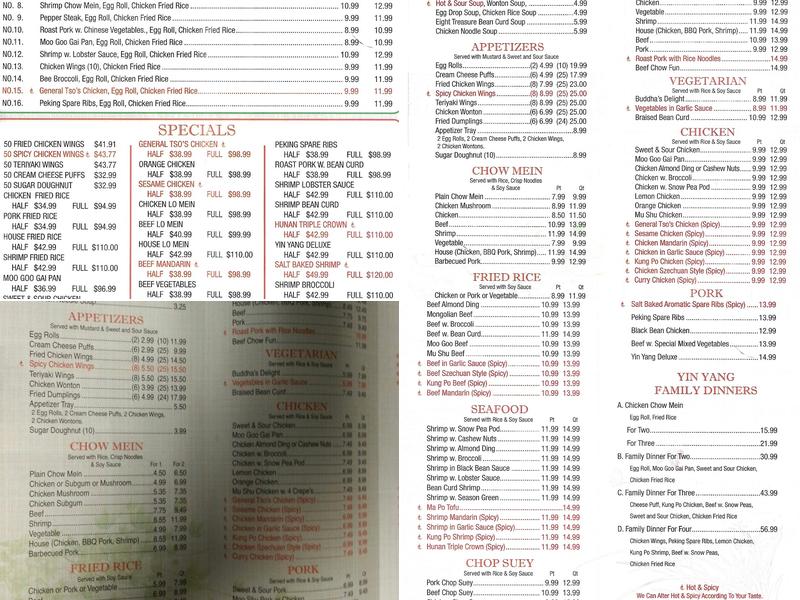 Yin Yang Chinese Restaurant Menu