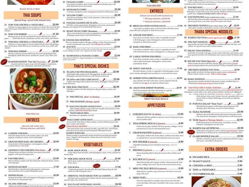 Thara Thai Restaurant Menu