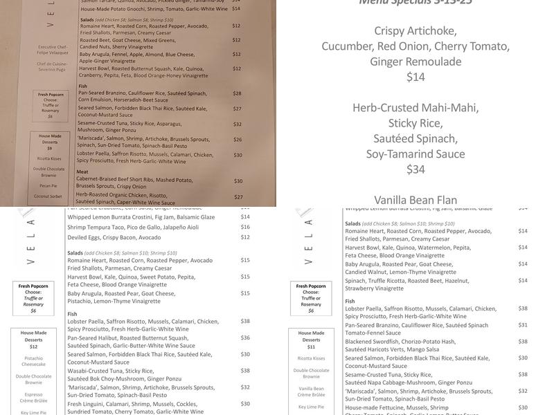 Vela Kitchen Menu