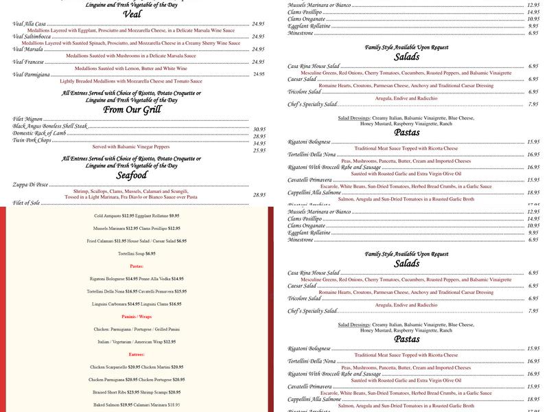 Casa Rina of Thornwood Menu
