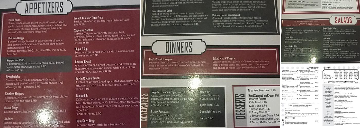 Braham Pizza Pub Menu