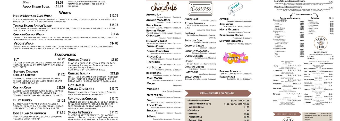 Cabina Coffee Menu