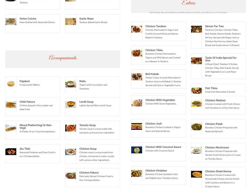 Taste of India Restaurant Menu