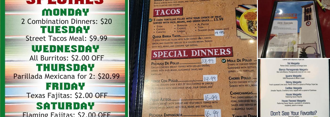 Guadalajara Rogers Mexican Restaurant Menu
