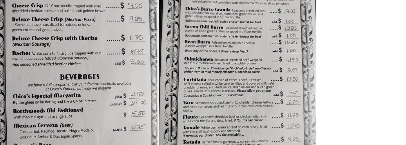 Chico's North of the Border Menu