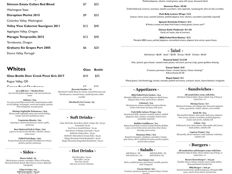 Terrebonne Depot Menu