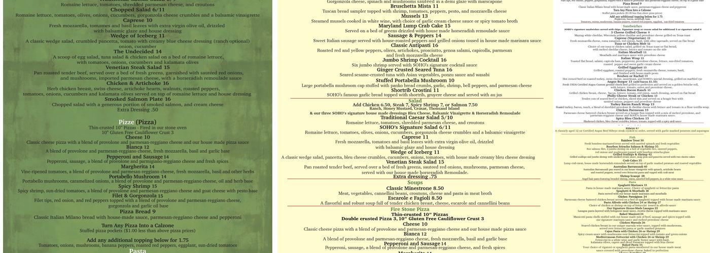 Soho's Menu