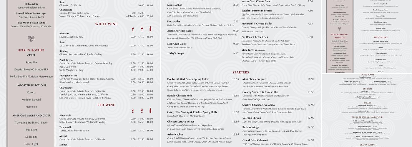 Grand Lux Cafe Menu