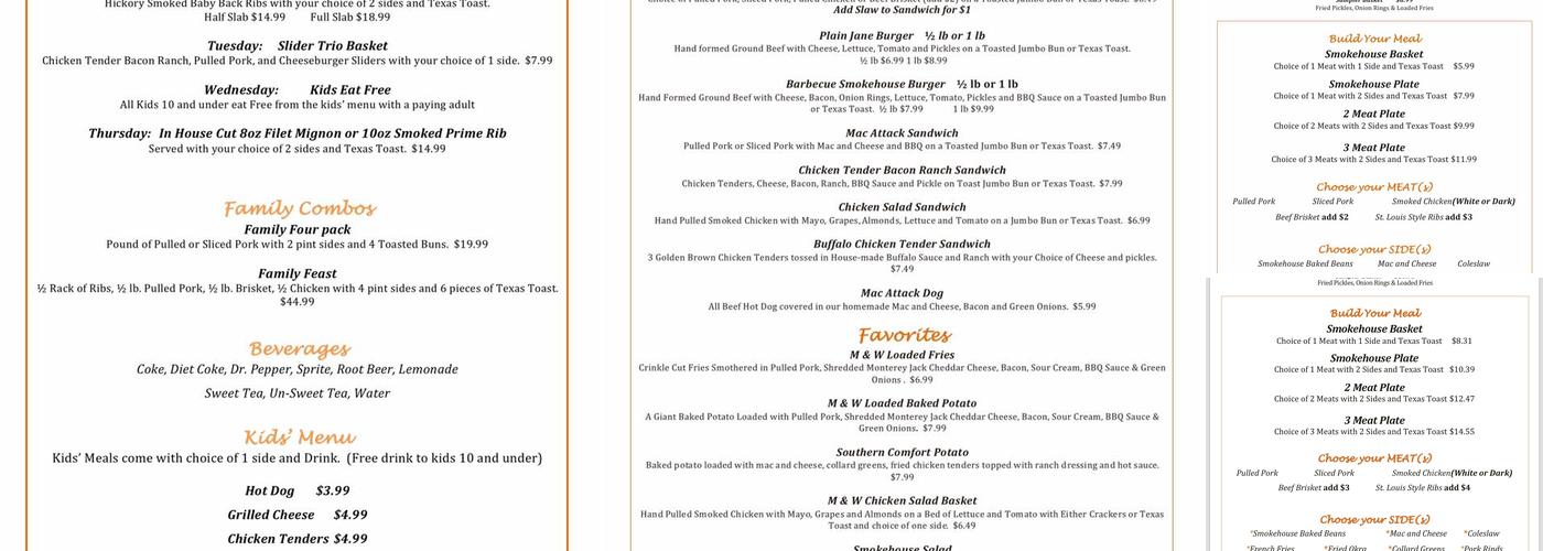 M & W Smokehouse Barbecue Menu
