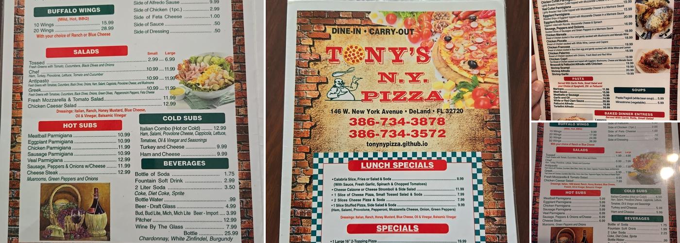 Tony's New York Pizza Menu