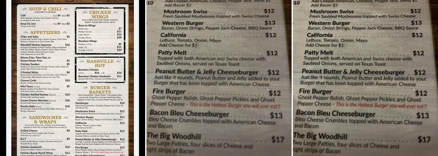 Woodhill Bar & Grill Menu